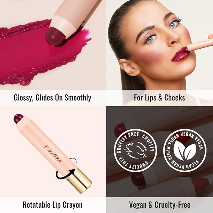 Oulac Black Cherry Lipstick - Lipstain and Blush Duo, Tinted Lip Balm, Moisturising and Nourishing, Glossy Finish, Vegan, JUICY!(04)
