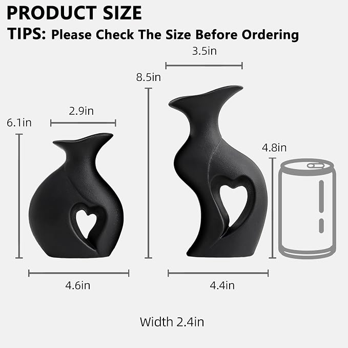 Black Ceramic Vase Set of 2, Heart Shape Home Decor Flower vase | Filled With Love, Modern Minimalist Bohemian, Matte Ceramic, For Dinner Table Bookshelf Console Decorative Vase