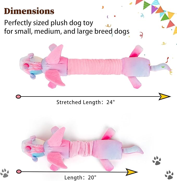 lilfrd Pink Unicorn Squeaky Dog Toy, Crinkle Plush Tug Toy for Dogs