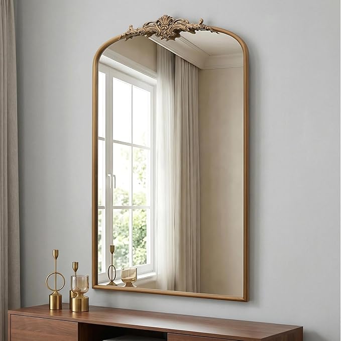 Besdomus Vintage Large Wall Mirror: 24"x42" French Brass Gold Vanity Mirror | Antique Metal Framed Decorative - Baroque Traditional Ornate for Hallway/Bathroom/Fireplace - Ideal for Bathroom Renovations