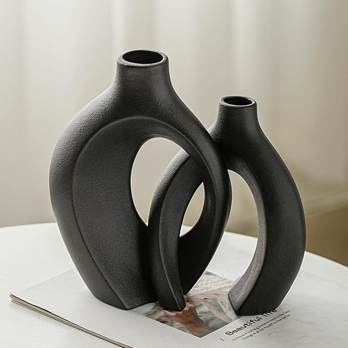 Lvases Snuggle Hollow Modern Ceramic Vase Set of 2 Nordic Pampas Grass Vase | Boho Aesthetic Decorative Vase for Home Decor coffee Table Centerpiece Living Room Book Shelf ( Matte Black W 6.3" X H 8.4" )