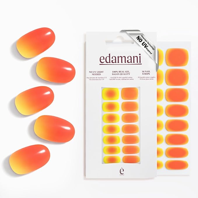 34 Piece Fully Cured Gel Nail Strips With No UV Light Needed, 14+ Days Gel Nail Polish Stickers, Salon Quality, Easy to Apply & Remove – Toxin Free, No Damage (Sunset Vibe)