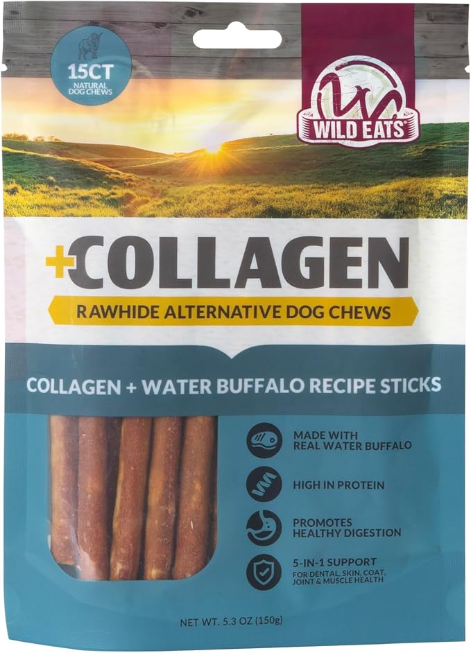 Wild Eats Water Buffalo Collagen Sticks for Dogs, Pack of 15, Long Lasting | Rawhide and grain free no hide chew treats, bully style alternative, 1 cm chew width, high protein, satisfies gnawing urges