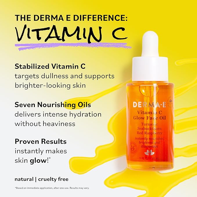 Derma E Vitamin C Glow Face Oil, 1 Fl Oz, Nourishes, Brightens and Illuminates for Radiant Skin, Moisturizing Vitamin C Oil with Turmeric, Seabuckthorn and Red Raspberry