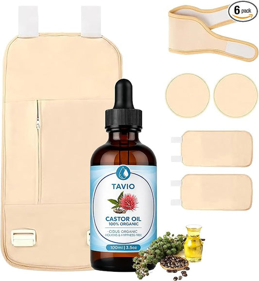 Tavio Castor Oil Pack Wrap Kit - Celara Reusable Organic Cotton Flannel Wrap for Body Comfort & Relaxation, Adjustable Wellness Pack for Stomach, Neck, Knee & Back, Hot or Cold Compress Compatible (6)