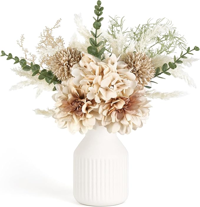 Mkono Fake Flowers in Ceramic Vase, 14" Coffee Table Centerpieces, Brown | Table Decor with vase, Small Silk Faux Artificial Flower Arrangements, Fits Bathroom Dining Room Kitchen Home Indoor Decor