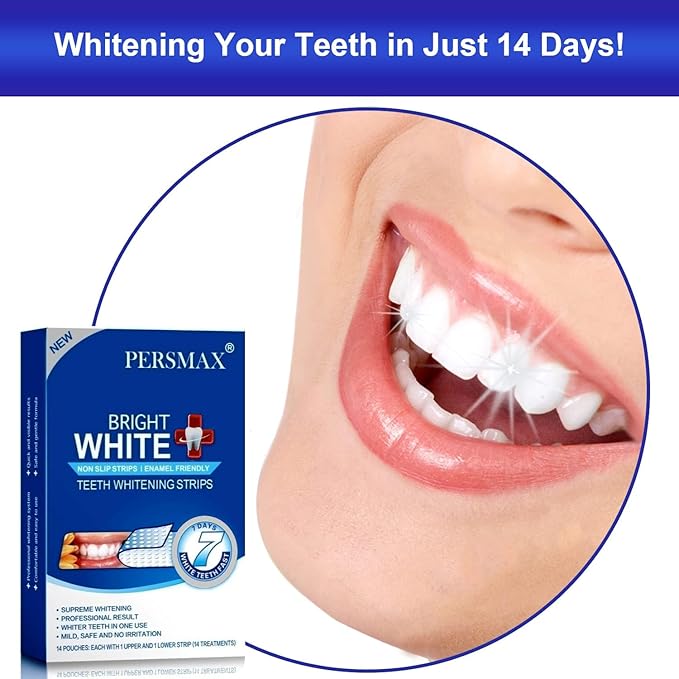 PERSMAX Teeth Whitening Strips – Professional Dentist Approved, Gum-Safe Formula, 28 Non-Slip Strips Kit, 14 Treatment, Pain-Free Express Whitening in 30 Min, Easy to Use for Bright Smile