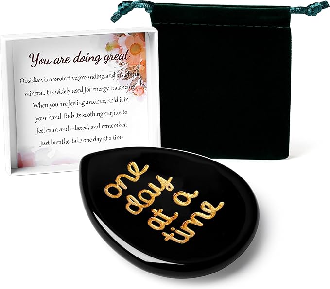 LAIDANLA Worry Stone for Anxiety Black Obsidian Healing Crystal Sensory Fidget Thumb Stones One Day at A Time Mental Health Relief Items Inspirational Sobriety Thinking of You Gifts for Women Men