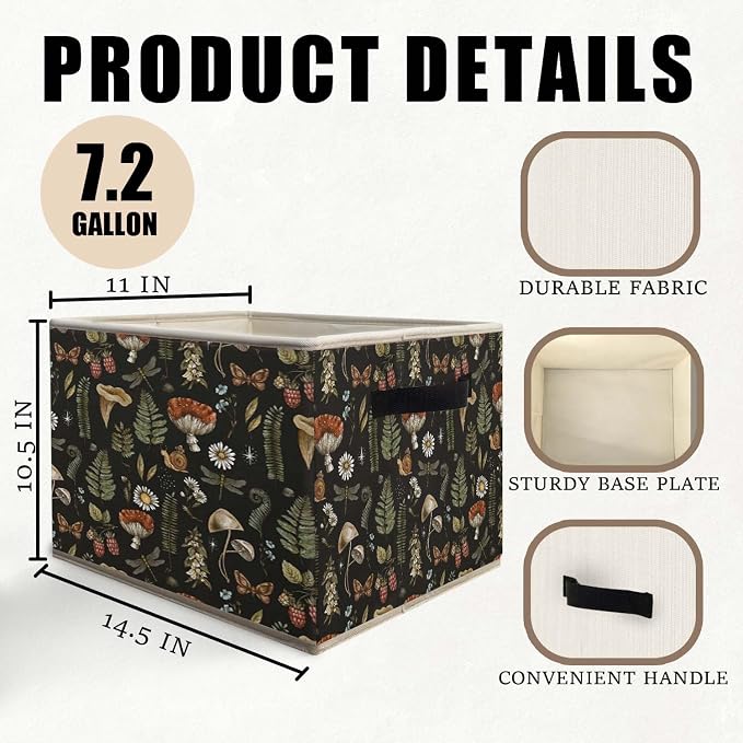 Dark Floral Mushroom Storage Bins Basket, Dark Cottagecore Botanical Insect Collapsible Fabric Storage Box Organizer Toybox for Bedroom Bathroom Clothes Books Toys