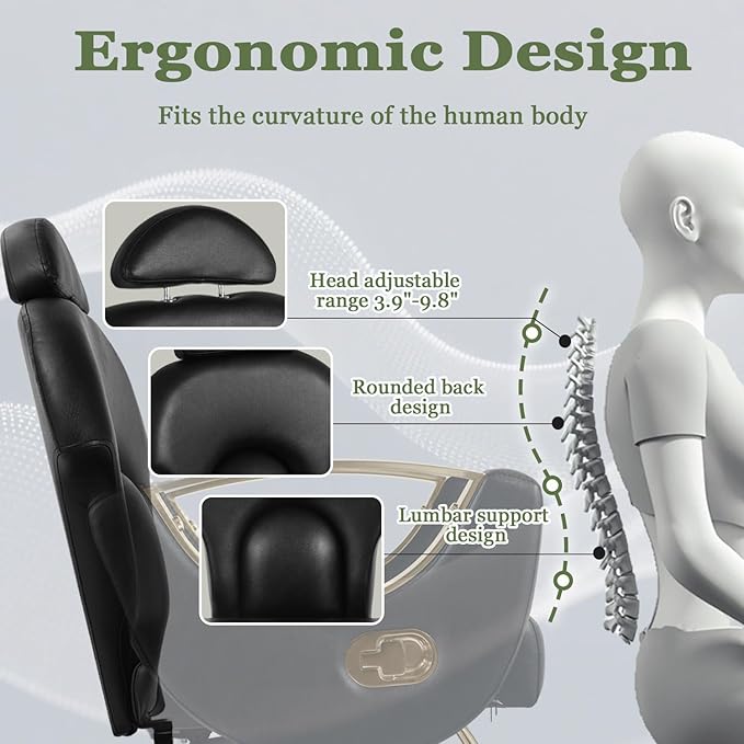 Black and Gold Reclining Salon Barber Chair for Hair Stylist, Hydraulic Pump Hair Salon Chair, 360° Swivel Styling Chair for Home or Barbershop