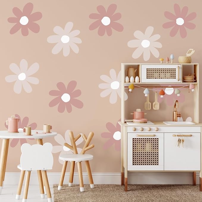 TaoBary 12 Sheet Daisy Wall Sticker Decal,Grey Color,Simple Style | Big Flower Wall Sticker, Pink White Floral Decal, Daisy Bedroom Room Decor, Removable Peel and Stick, Nursery Home Wall Decor