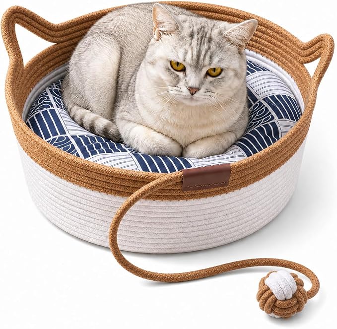 Instinct Basket for Cats - Handwoven Cotton Rope Enrichment Bed with Attached Toy Tail, Scratchable Interactive Pet Nest Features Flexible Walls to Fight Boredom & Protect Furniture (Brown & Mat, L)