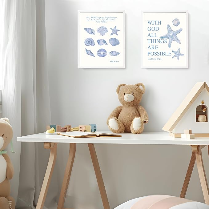 LARTSFRO Beach Ocean Blue Christian Bible Wall Art Decor Posters, Coquette Shells Christian Room Bathroom Bedroom Dorm Wall Art Decor Aesthetic for College Teen Girls Gifts, Inspirational Bible Verses Wall Decor, 10x8 Inch Set of 4 Pcs Summer Beach Pic...