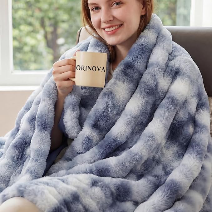 ORINOVA Tie-dye Blue Twin Cozy Faux Fur Blanket for Couch Bed Living Room 60x80 Furry Soft Fluffy Thick Warm Throw Blanket for Winter Home Gifts 860 GSM