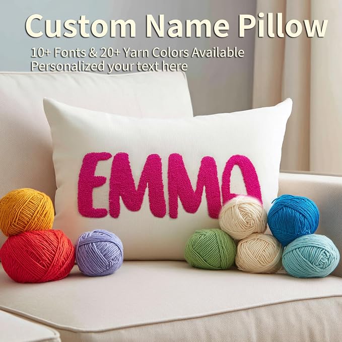 Personalized Embroidered Name Lumbar Pillow，Custom Monogram Throw Accent Handmade Pillows Cover，Customizable 12x20 Decorative Couch Bed Room Pillow Case Gifts for Kids Boy Girls
