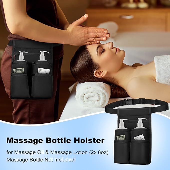 SITHON Massage Bottle Bag, Professional Massage Therapist Holster for 2 Bottles, Lotion Oil Waist Holder Organizer with Adjustable Belt, Multiple Pockets (Bag Only) (Black)