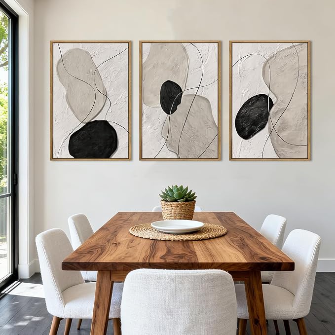 ANHUIB Neutral Abstract Wall Art Canvas,Mordern Geometric Wall Decor Framed,Contemporary Minimalist Artwork, Black Beige Canvas Prints, 3 Piece 16 * 24IN Painting for Living Room Bedroom Office
