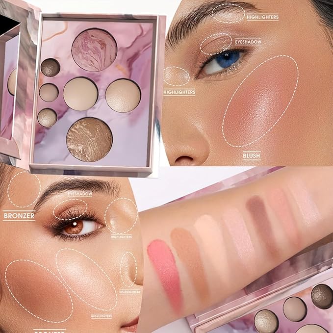 K'APEINE All in One Baked Makeup Palette, Dark Brown Eyeshadow, Blush Highlighter & Bronzer Face Kit Neutral Baked Powder Palette Hign Pigment Full Face Makeup Set Women (7colors)