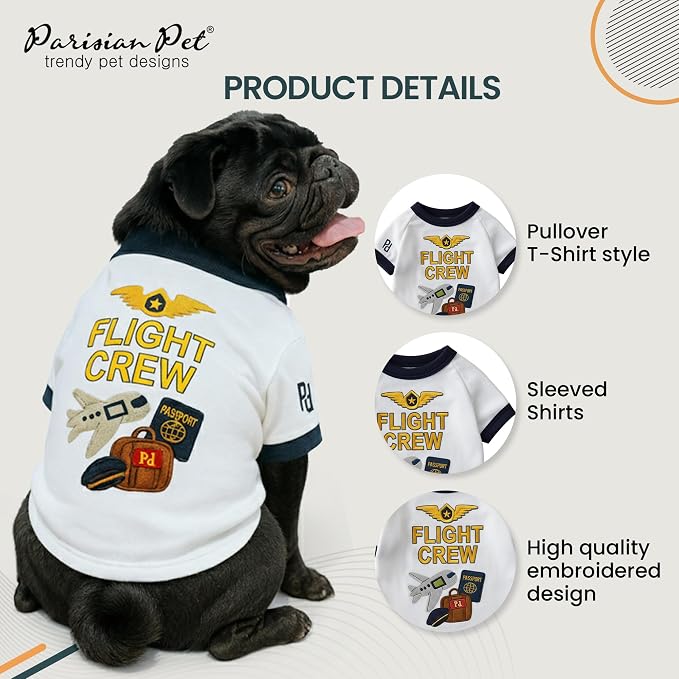 Parisian Pet Dog Flight Crew Shirt - Embroidered Pet Vest - 100% Cotton & Polyester Doggy Shirt - Lightweight Pet Clothes - Sleeved Puppy Costume - White Shirts for Large Dogs - 2XL