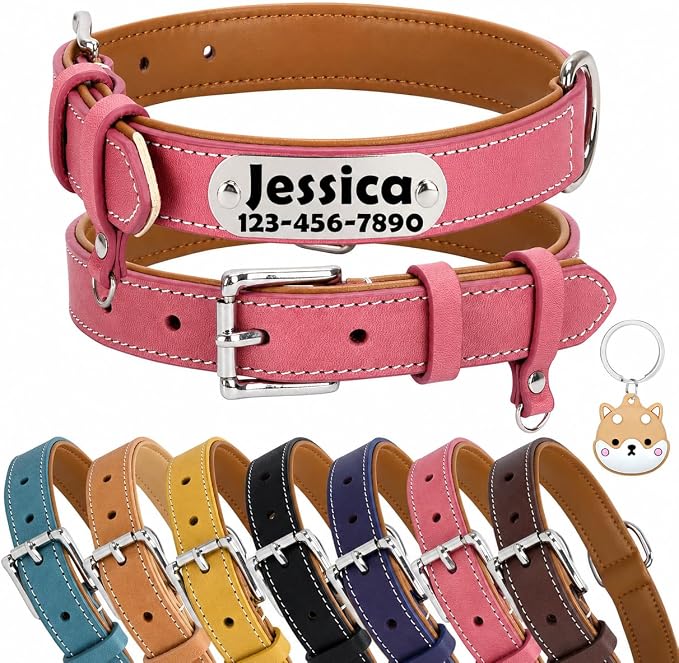 Personalized Leather Dog Collar with AirTag Holder Case, Custom Engraved Nameplate Dog Collar, Adjustable Genuine Leather Soft Padded Dog ID Collar for X-Small Small Medium Large X-Large Dogs-Pink-M