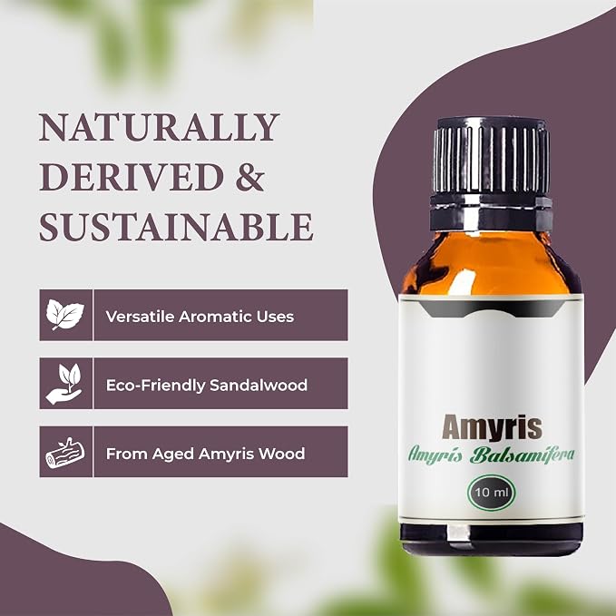Amyris Essential Oil – 100% Natural Steam-Distilled Amyris Balsamifera Oil from Haiti – Warm Woody Balsamic Aroma for Diffusers, Candles, Perfumes, Massage Blends, Skincare & Aromatherapy – 10 ml