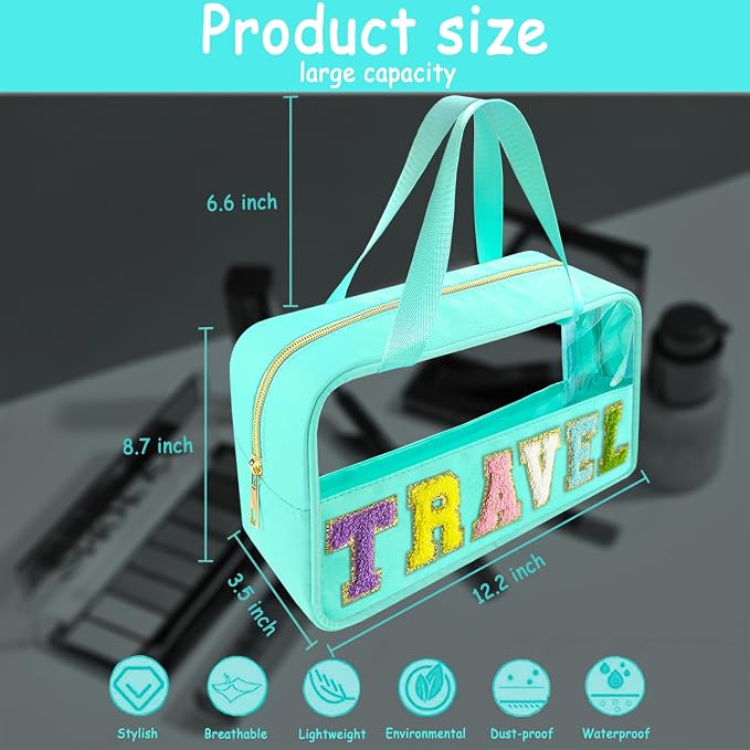Bunliuys Chenille Letter Clear Makeup Bag Travel Patch, Travel Toiletry Makeup Bag with Handle, Nylon Waterproof Makeup Bags clear cosmetic bag, preppy patch makeup bag for Women (TRAVEL-Mint Green)