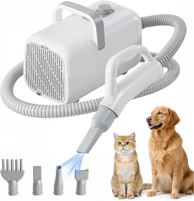 NEWBULIG Dog Hair Dryer with Heater for Grooming, Temperature Adjustable | 1550W High Velocity Speed Pet Blow Dryer with 4 Nozzles, White