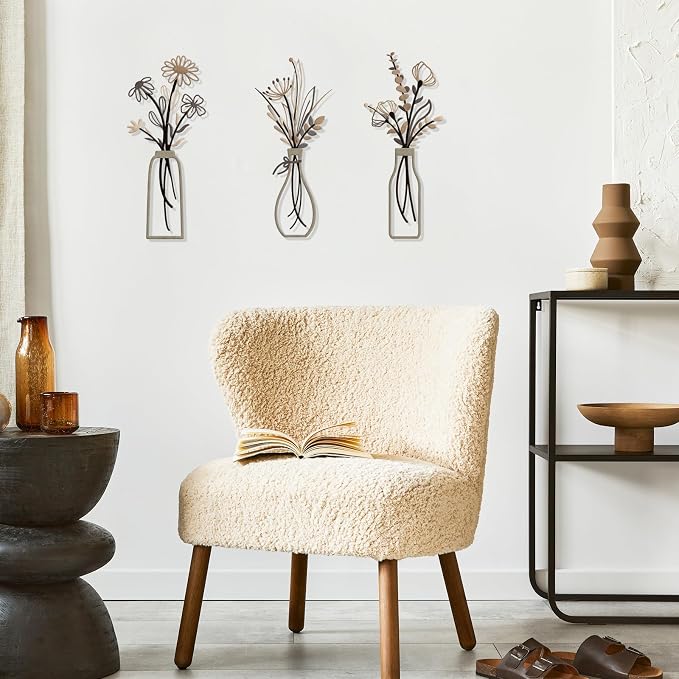 Pigort 3 Pieces Metal Flowers Wall Arts - Rustic Farmhouse Style Décor Metal Wall Art Black Minimalist Flower Natural Themed Wall Decors for Home Bedroom Dining Room Housewarming (Brown)