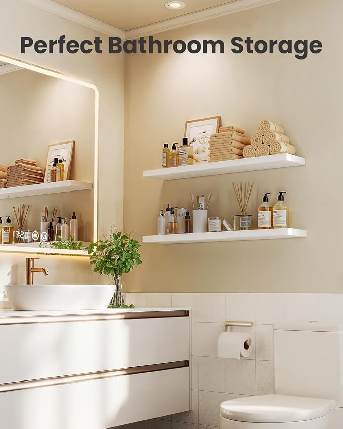 AMADA HOMEFURNISHING 23.6" L Floating Shelves, Wall Shelves Set of 3 for Bathroom/Living Room/Bedroom/Kitchen, White Floating Shelves for Wall Decor with Invisible Brackets - AMFS44W