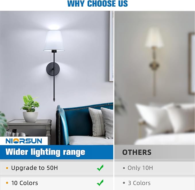 Battery Operated Wall Sconce Set of 2,Black Rechargeable Wall Lights with 10400mAh Dimmable Bulbs and Remote,10 Colors Wireless Wall Lamps for Bedroom Living Room Hallway Decor