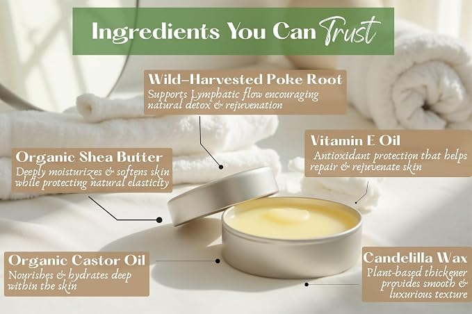 Poke Root & Castor Oil Salve -1oz- Cysts, Boils, Fibroids, Swollen Lymph Nodes, Breast & Joint - Vegan Lymphatic Support Massage Balm - Natural Deep Tissue Ointment - Handmade in The USA