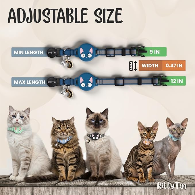 AirTag Cat Collar – Breakaway Reflective & Waterproof Collar with Built-in Holder, Adjustable with Bell for Indoor/Outdoor Cats – AirTag Not Included, Blue Marine (9-12")
