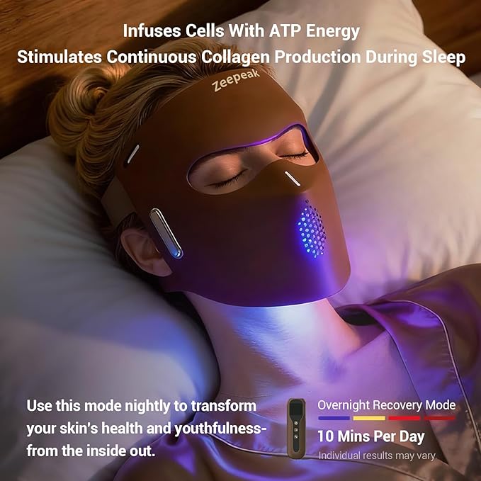 Zeepeak 3D LED Red Light Therapy Mask, FDA-Cleared, Anti-Aging & Blemish Repair, 5 Modes Red, Blue, Yellow & 1072nm Near-Infrared Lights, Eye-Protection, Portable 360 LEDs Face Mask for Home Travel