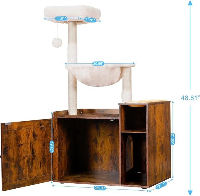Hey-brother Cat Tree Tower, Food Station, XL Litter Box Enclosure, MPJ101SR | 48.81 Inches Wooden All-in-one Cat Furniture, Large Hammock, Bed, Scratching Posts, Big Basket for Indoor Cats, Rustic Brown