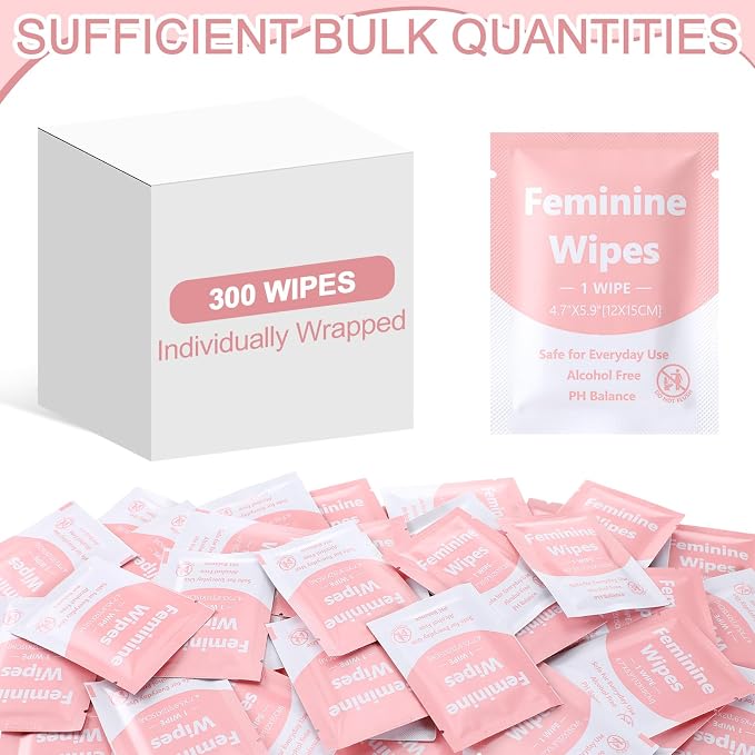 300 Pieces Bulk Feminine Wipes Individually Wrapped Travel Size Women Unscented Intimate Period Cleansing Wipes Deodorant Feminine Products Care Kits Private Parts Ph Balanced(Pink)