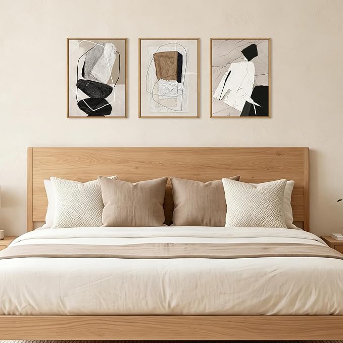 ANHUIB Neutral Abstract Wall Art Canvas,Black Beige Artwork, Modern Textured Framed Wall Art, Minimalist Geometric Painting,16x12Inches Set of 3 for Living Room Bedroom