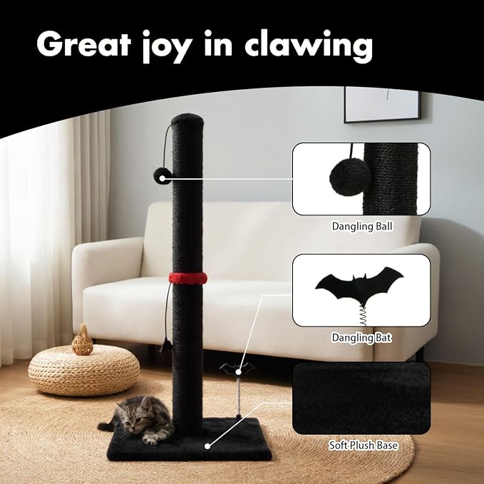 MECOOL Cat Scratching Post Premium Sisal Scratch Posts with Hanging Ball Vertical Scratcher for Indoor Cats and Kittens,Black