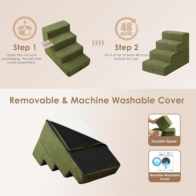 EHEYCIGA Dog Stairs for Bed 18" H, Dog 4-Steps for High Bed, Olive Green | Pet Steps for Small Dogs and Cats, Non-Slip Balanced Pet Ramp Indoor