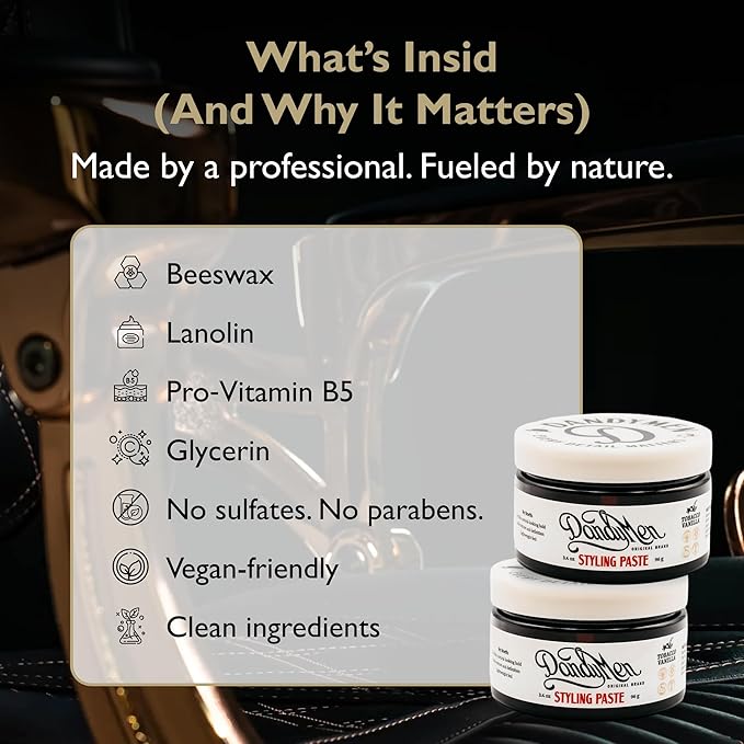 DandyMen Styling Paste – Medium Hold with Flexible Control and Natural Shine – Enriched with Beeswax & Pro-Vitamin B5 – 3.4 oz (2-pack, Tobacco Vanilla)