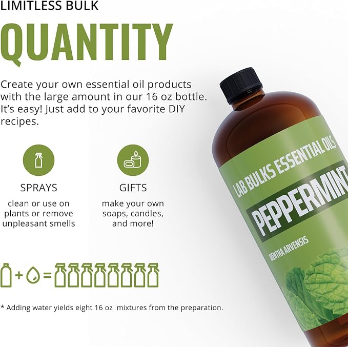 Lab Bulks Essential Oil Peppermint Essential Oil, 16 oz Bottle for Diffusers, House Cleaning, Candles, 1 Pack, Aromatherapy Oil