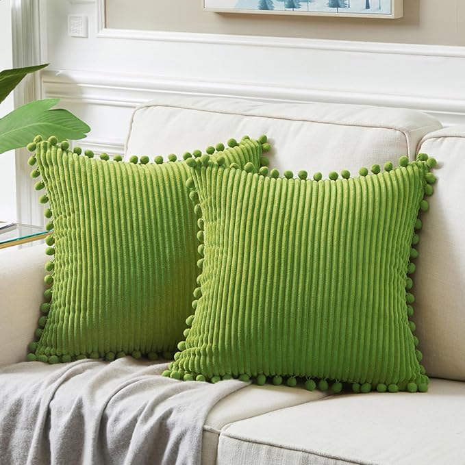 Fancy Homi 2 Packs Lime Green Decorative Throw Pillow Covers 16x16 Inch with Pom poms, Boho Farmhouse Home Decor, Soft Corduroy Accent Square Cushion Case for Living Room Couch Bed Sofa 40x40 cm