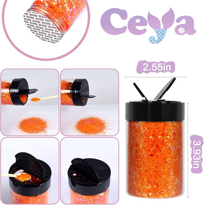Ceya Chunky Glitter, 4.9oz/ 140g Iridescent Orange Craft Glitter Powder Mixed Fine Flakes Halloween Glitter Sequins for Pumpkin Crafts, Nail Art, Hair, Epoxy Resin, Tumblers, Slime, Festival Decor