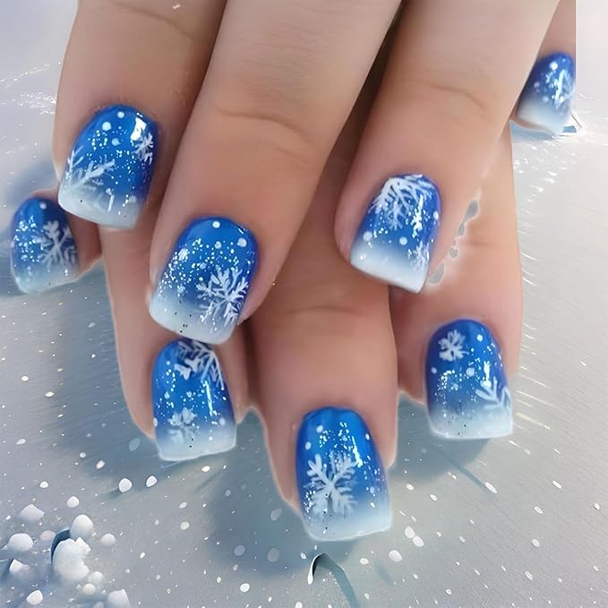 Christmas Snowflake Press on Nails Short Square Xmas False Nails Blue White Gradient Acrylic Glue on Nails Glossy Winter Christmas Fake Nails for Women Girls