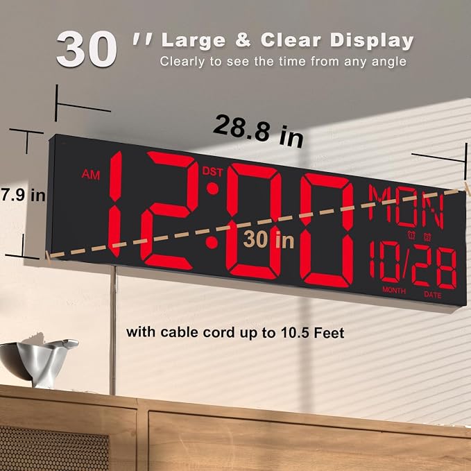 JALL 30" Oversize Digital Wall Clock, Extra Large LED Wall Clock with Remote, Giant Digital Clock with Jumbo Numbers for Living Room, Church (Black Shell Red Font)