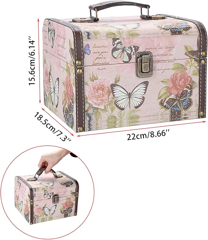 ELLDOO Decorative Treasure Chest Box, Wooden + PU Leather Storage Box for Jewelry Trinkets, Keepsakes box for Girls Women Gifts (Butterfly Pattern, Large)