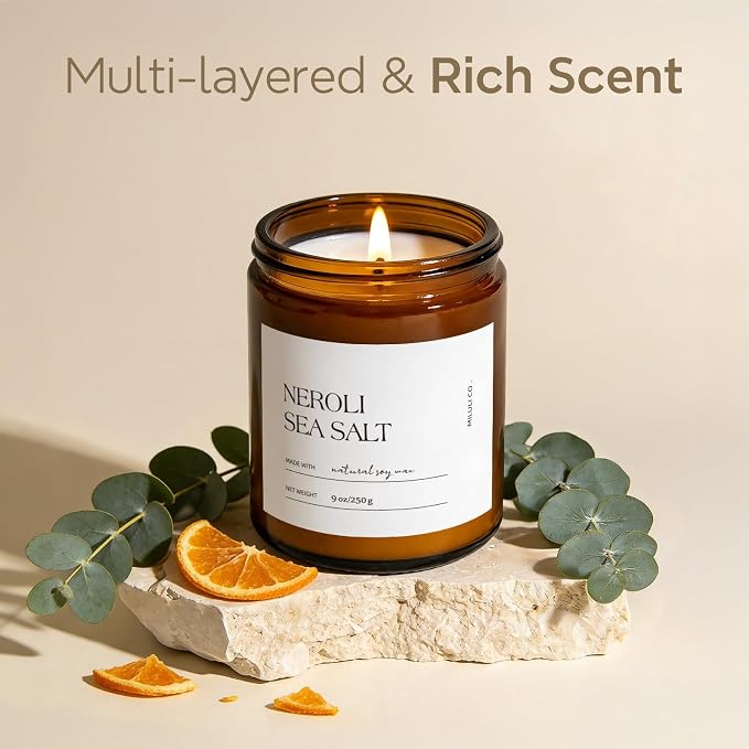 Sea Salt & Neroli Scented Soy Candle for Home, Natural Aromatherapy Candles with Essential Oils, Nontoxic Clean Burn, Strong Balanced Scent, 50 Hour Longlasting,Amber Jar for Women Men(9oz)
