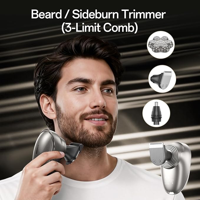 Electric Razor for Men, 7D Magnetic Detachable Electric Head Shaver, IPX7 Waterproof Wet Dry Bald Body Head Shaver, 5-in-1 Head & Body Hair Shavers for Men, for Beard Trimmer,Nose Trimmer, Head (Gray)