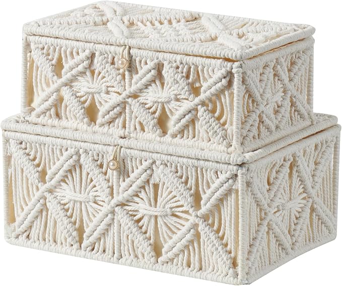 2PCS Decorative Boho Storage Basket with Lid Natural Macrame Box | Handmade Cotton Rope Woven Bins, Shelf Organizer Container for Jewelry Memory Keepsake Photo Makeup, Off White, Small&Large