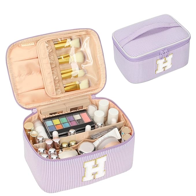 OCHEAL Makeup Bag Valentines Day Gifts for Women, Monogram Cosmetic Bag Purple Travel Makeup Case Beauty Toiletry Bag Organizer Personalized Gifts for Girls Bridesmaid, Sister, Wife, Friends Initial H