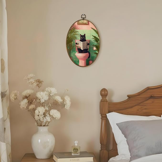 LKETW Funny Black Cat Bathroom Oval Wall Art Decor, Tropical Black Kitty Reading on Toilet Oval Canvas Hanging Decor, Funny Cat Wall Decorations for Bathroom Washroom Toilet, 8.6x11.4 Inch blackcat
